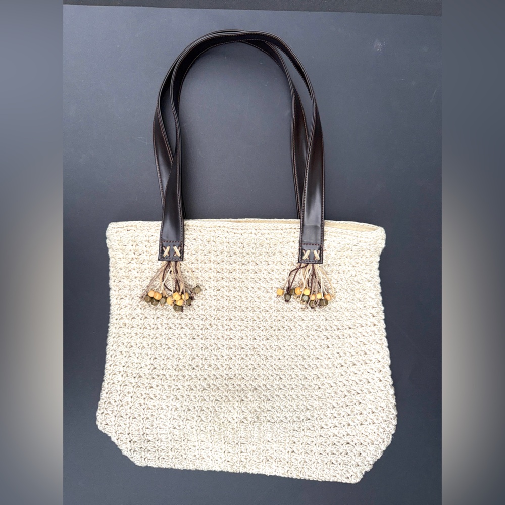THE SAK Tan Cream Crochet knit Wood Bead Tassel Hobo Leather Shoulder Bag